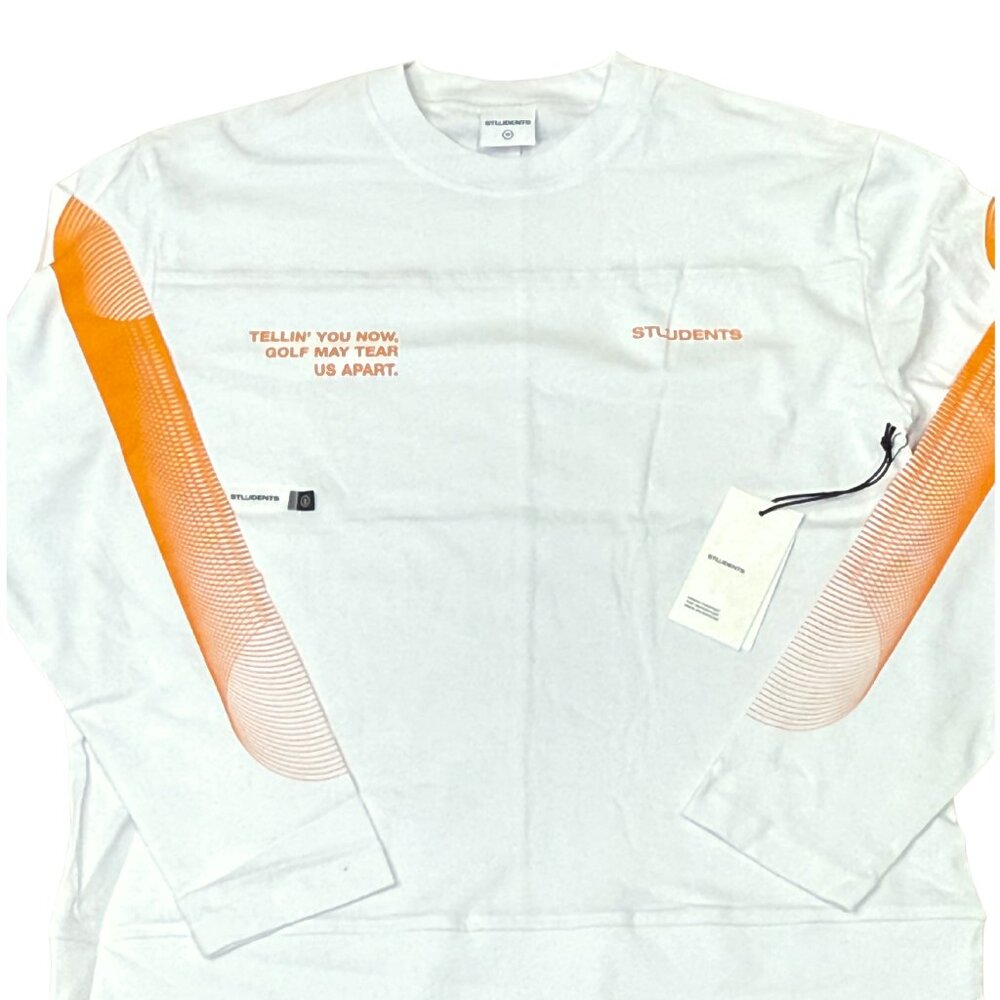STUDENTS Golf White Long Sleeve Tee – Orange Graphic Print – Sizes M & XXL